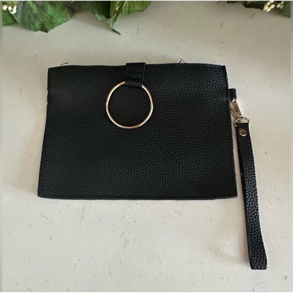 Black Pebbled Leather Wristlet Clutch With Gold Ring & Zipper